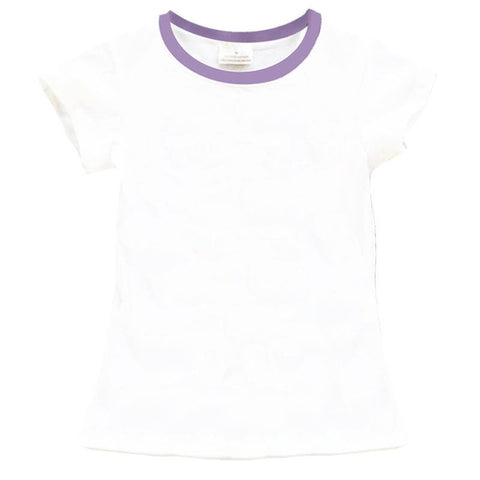 White Shirt Lavender Purple Neckline Cap Short Sleeve