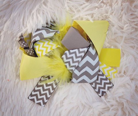 Yellow Gray Feather Hair Bow