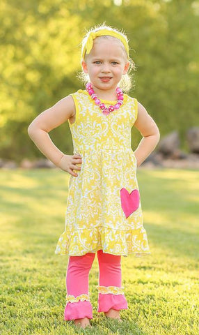 Yellow Damask Hot Pink Capri Set