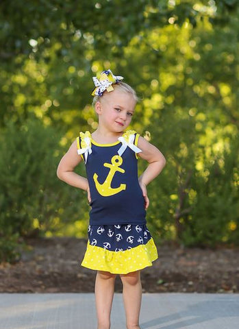 Yellow Polka Navy Anchor Skirt Set