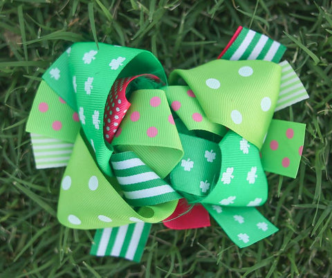 Green - Pink Shamrock Feather Hair Bow