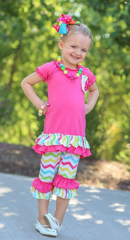 Rainbow Hot Pink Chevron Flower Capri Set