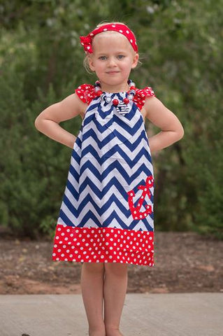 Blue Chevron Red Polka Anchor Dress